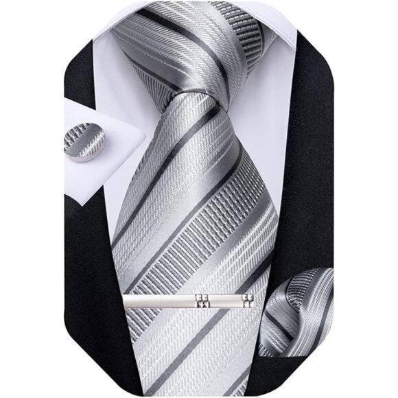 Mens Striped Tie Silk Woven Necktie and Pocket Square Cufflinks Tie Clip Set - Picture 1 of 8
